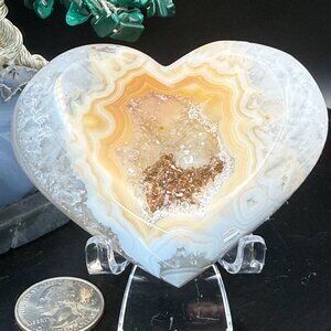 White Agate Druzy Heart Carving With Yellow Mineral Inclusions Quartz 2.71" Tall